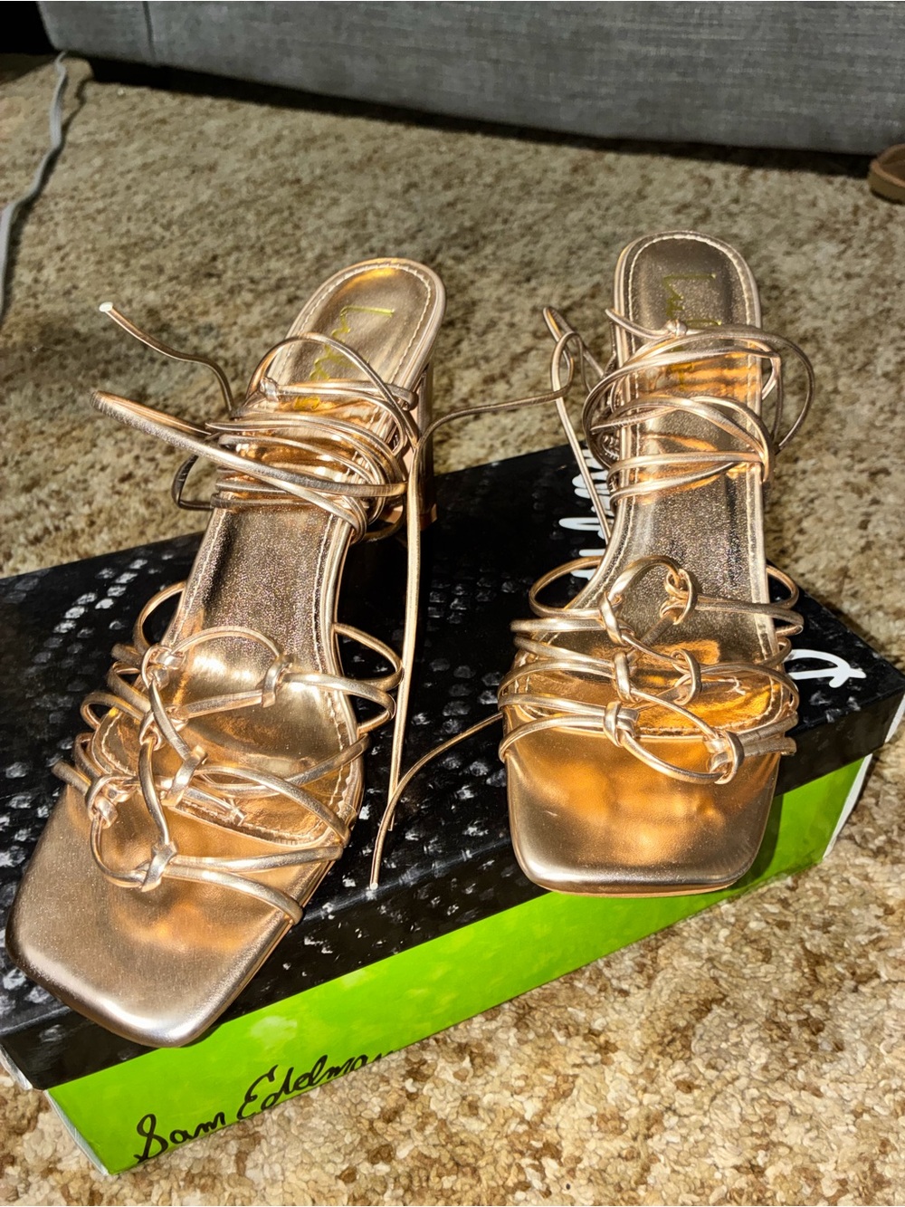 Metallic Rose Gold Strappy Lace-Up Heeled Sandals - Women